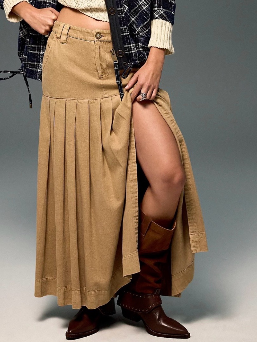 Free People 53rd Street Chino Pleated Maxi Skirt Iced Coffee Women’s Size 0 NWT